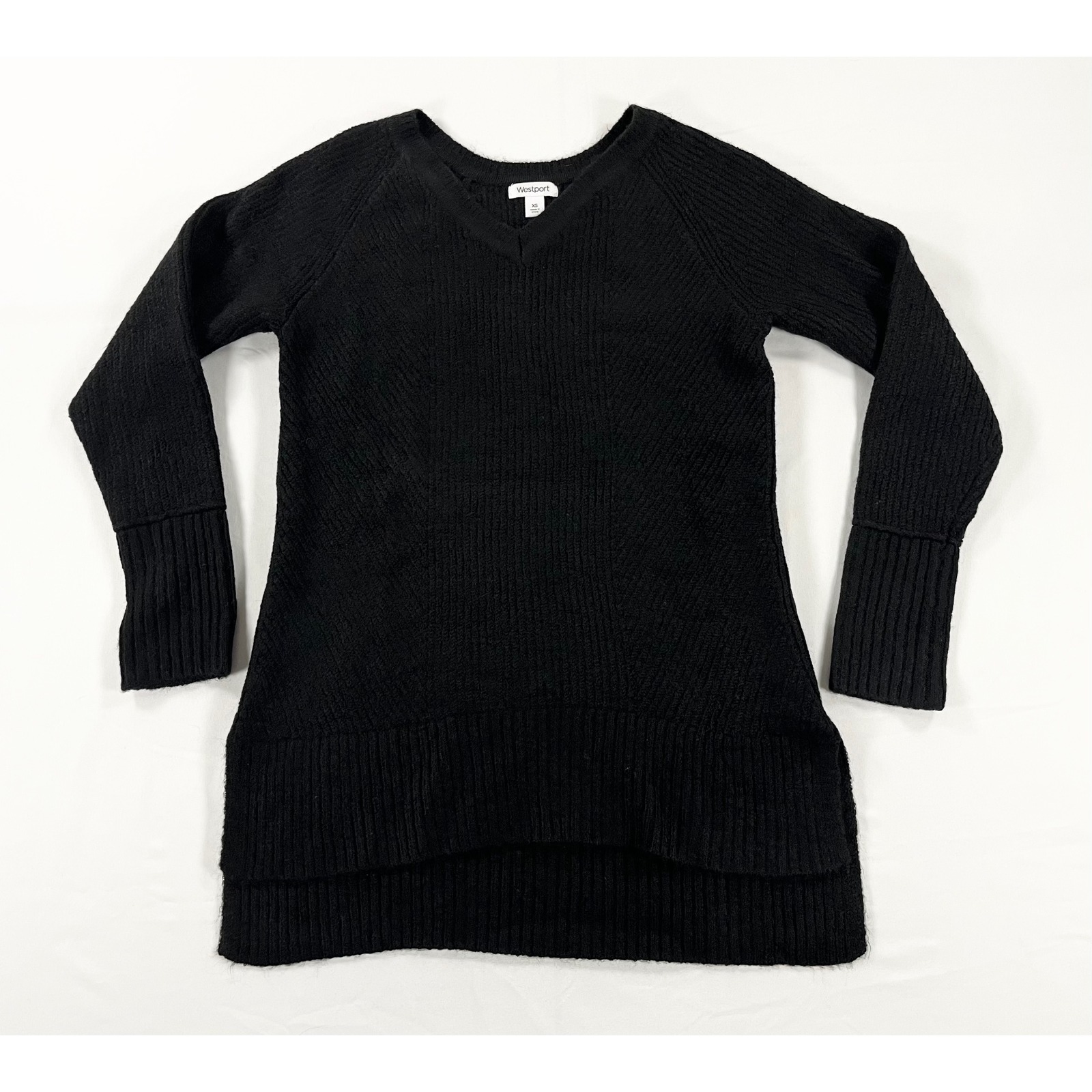 Westport Ribbed V-Neck Sweater Womens Xs Black Knit Pullover High Low Hem Tunic